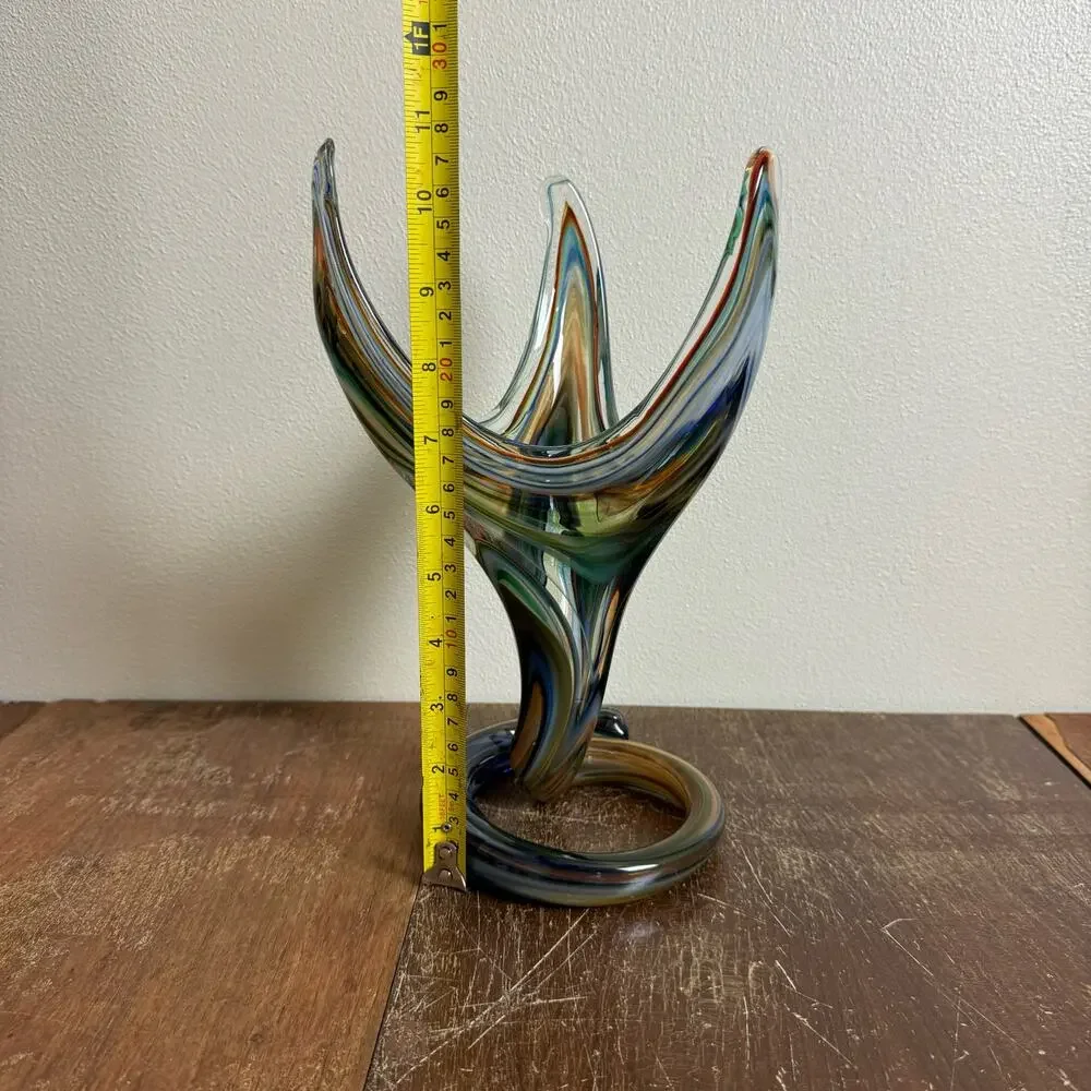 MCM Vintage Blue Green Murano‎ Style Stretched Serpentine Vase Blown Art Glass - Picture 5 of 9